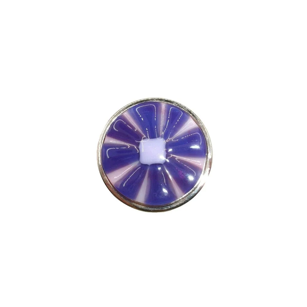 Fused Art Glass Belt Buckle 8 Petal Blue & White Flower Silver Tone Metal Round